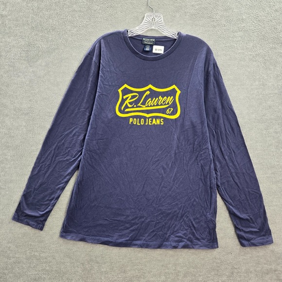 VINTAGE Polo Jeans Ralph Lauren Men Shirt Medium Blue Logo Graphic Print Crew - Picture 1 of 10